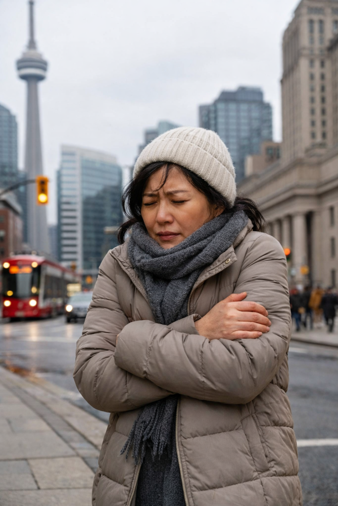 A Toronto woman feeling chilled and fatigued during winter, reflecting how seasonal cold and post-holiday stress can drain the body’s energy and resilience.